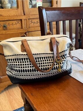 Fossil Black and White Woven Satchel with Brown Leather Trim